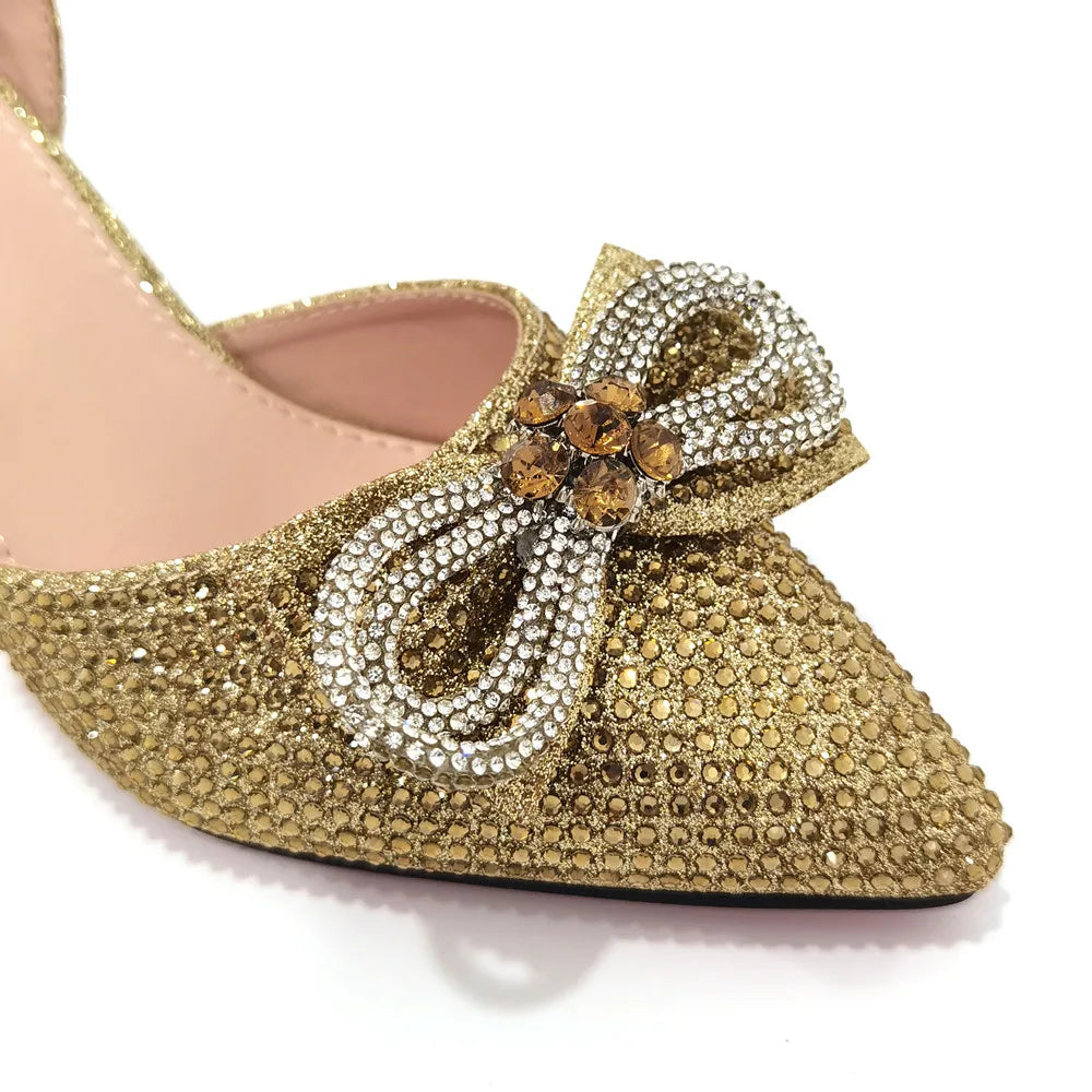 Rhinestone Gold Bow Heels