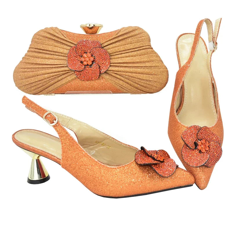 Fashionable Gold Ladies Shoes & Bags Set