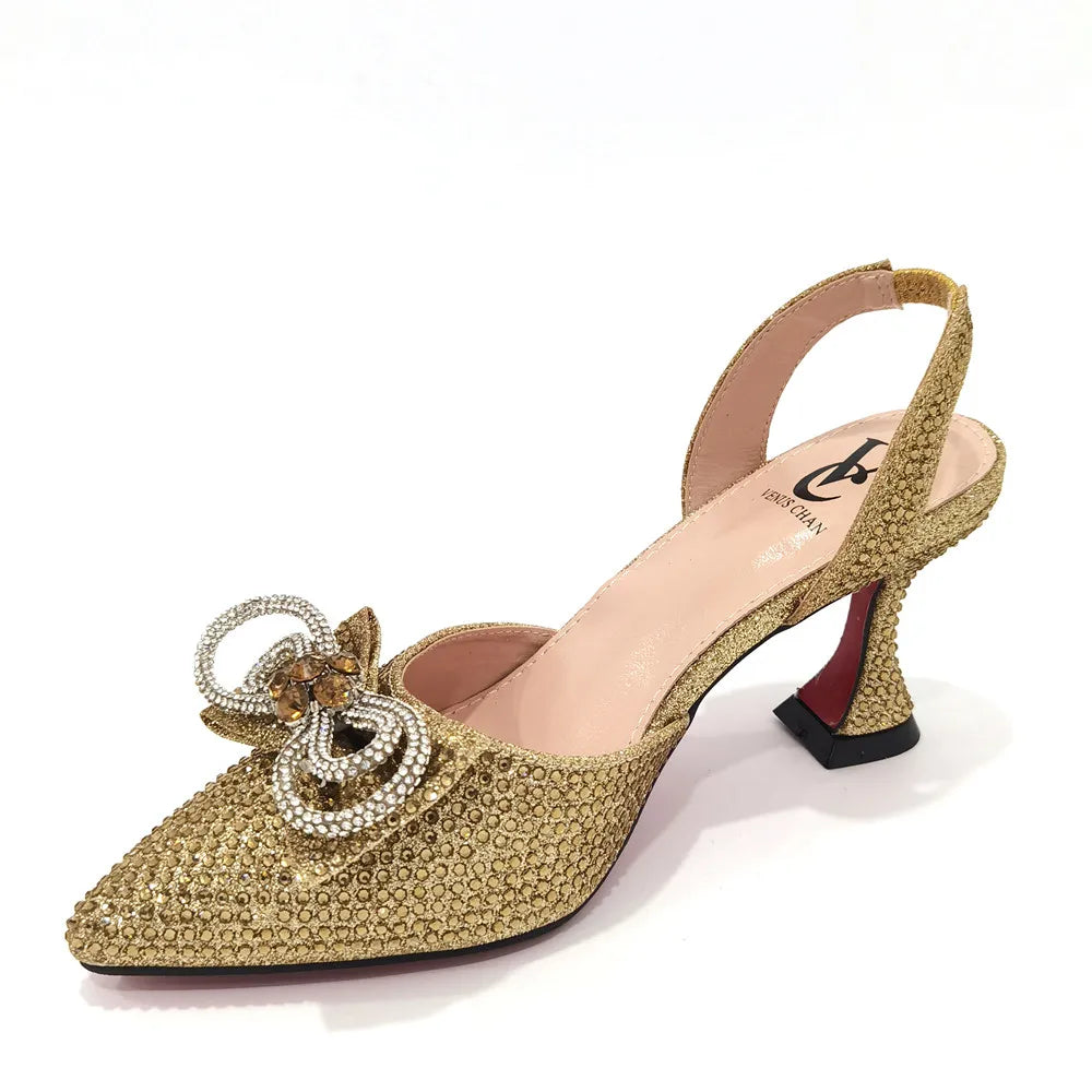 Rhinestone Gold Bow Heels