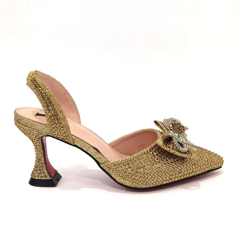 Rhinestone Gold Bow Heels