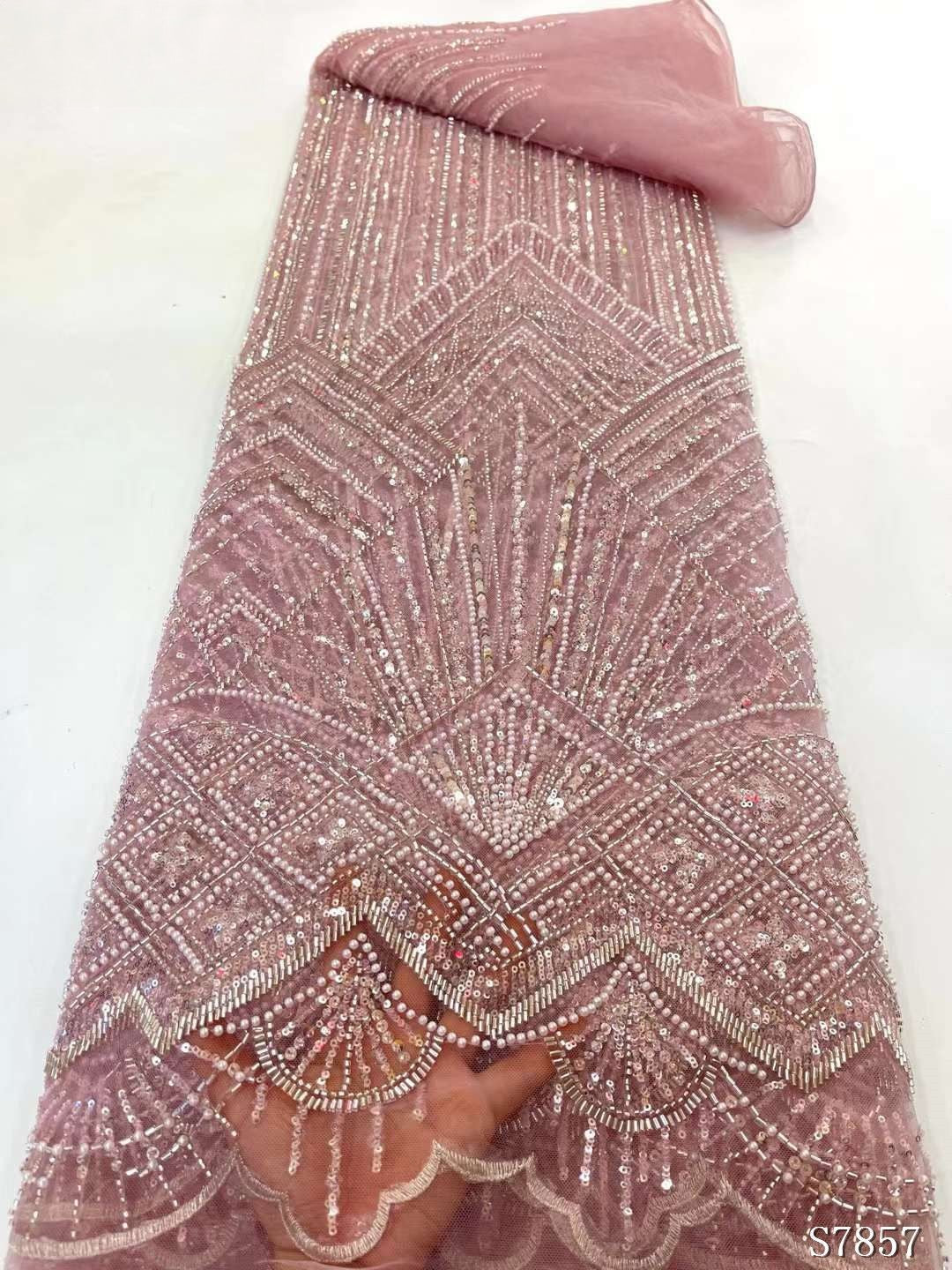 Pink African Beaded Lace Fabric